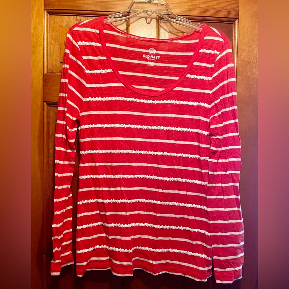 Old Navy Women's Light Red and White Striped Long Sleeve Tee Size Medium